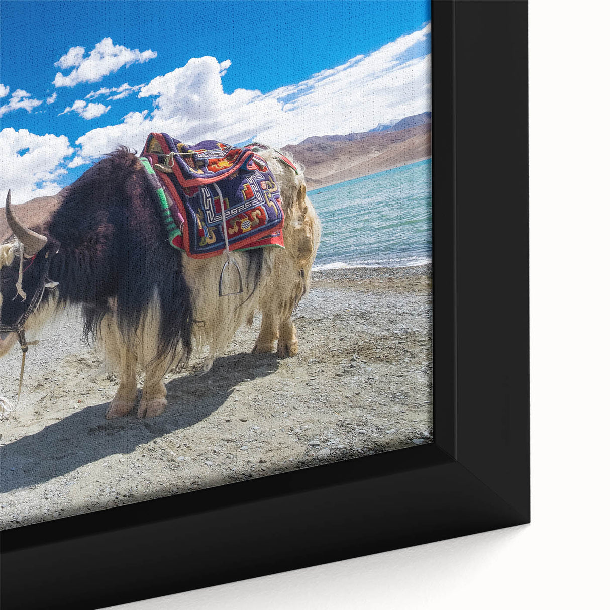 Framed canvas of a Tibetan landscape in textured black with colorful accents, ideal for living room decor.