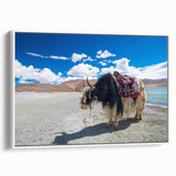 Framed canvas of a vintage poster art depicting a Tibetan landscape in colorful hues, ideal for living room decor.