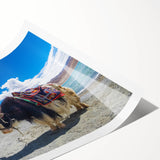 Extra large rolled print featuring line art flowers and Tibet scenery in muted earth tones.