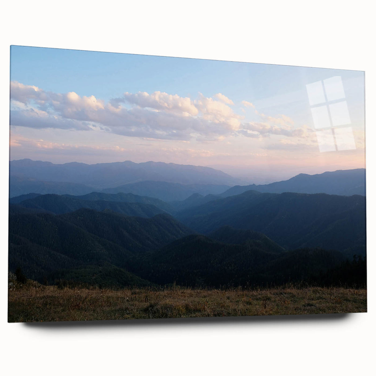 Large abstract wall art on acrylic glass depicting a vibrant, colorful scenery, suitable for bedroom or dining room decor.