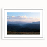 Abstract art print depicting a serene Georgian landscape in soft pastel shades, framed with a white mat.