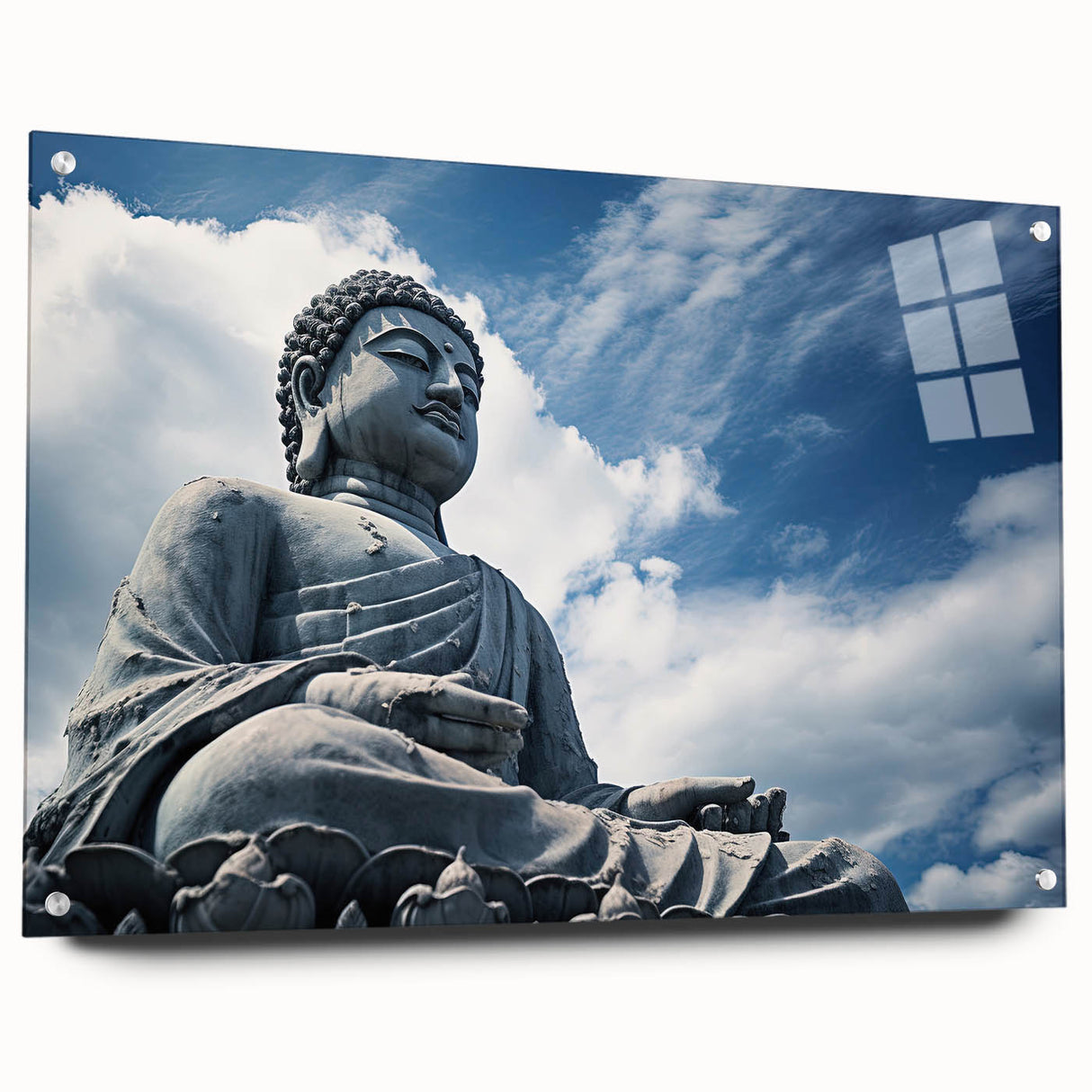 Acrylic print of Hong Kong skyline in muted gray and blue tones, suitable for modern bedroom or dining room decor.
