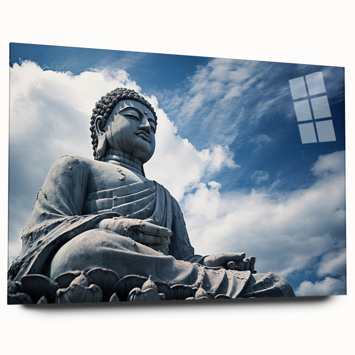 Large abstract wall art of Hong Kong skyline in muted gray and blue tones on acrylic glass.