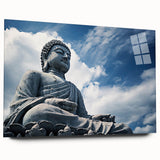 Large abstract wall art of Hong Kong skyline in muted gray and blue tones on acrylic glass.