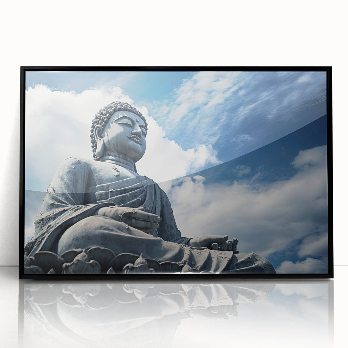 Large abstract wall art depicting the Hong Kong skyline in muted gray and blue tones, framed in black acrylic.