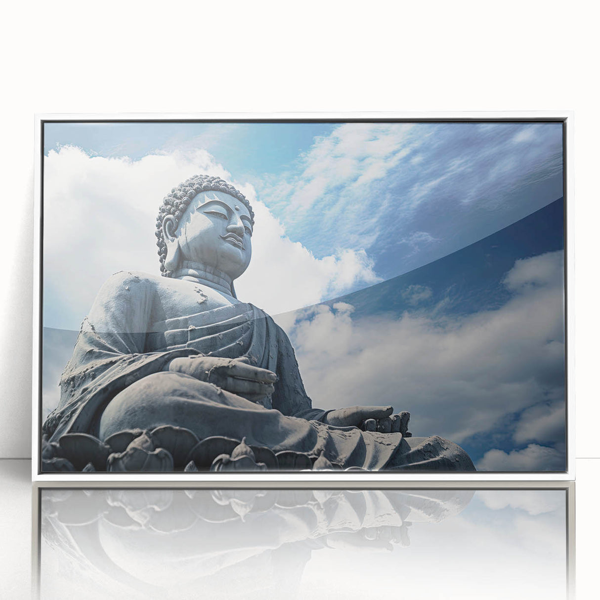 Framed acrylic print of Hong Kong skyline in art deco style, using muted gray and blue tones.