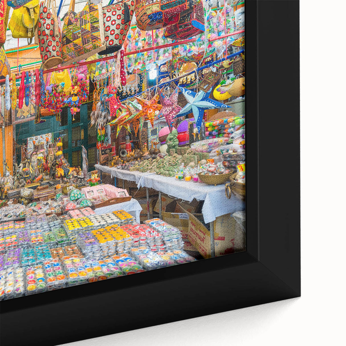 Extra large black wall art featuring a textured, colorful Indian scenery on framed canvas, ideal for living room decor.