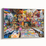 Framed canvas featuring a vintage-style landscape painting of an Indian scenery in vibrant colors.