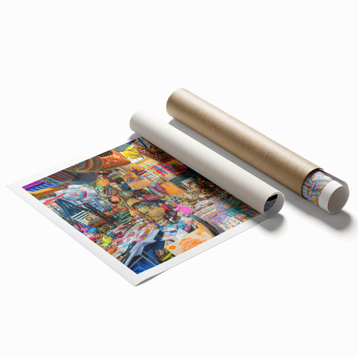 Extra large rolled print of a floral art scene in India, featuring vibrant colors, perfect for classy bathroom wall art.