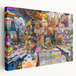 Large art depicting an Indian scenery in vibrant, earthy tones on stretched canvas, suitable for kitchen wall art.
