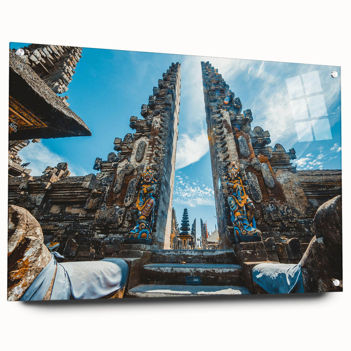 Large abstract wall art depicting Indonesian scenery on acrylic glass, in vibrant earth tones.