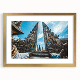 Extra large abstract art print featuring textured scenery of Indonesia in muted earth tones, framed in gold.