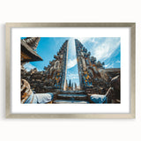 Textured abstract art print depicting a serene Indonesian landscape in muted earth tones, framed in silver.