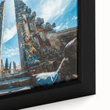 Extra large framed canvas featuring a textured depiction of a colorful Indonesian landscape, ideal for living room decor.