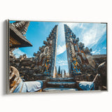 Landscape art painting of an Indonesian scenery on framed canvas, featuring vibrant colors against a black background.