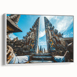 Vintage poster art of an Indonesian landscape in vibrant colors on a framed canvas, ideal for living room decor.