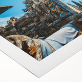 Art deco poster of an Indonesian landscape in muted greens and browns on rolled canvas, suitable for dining room decor.