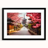 Extra large, colorful abstract art print of a Kyoto scenery in vibrant hues on a textured canvas, framed in black.