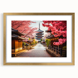 Extra large abstract art print of a Kyoto scenery in textured gold frame, with vibrant hues, ideal for living room decor.