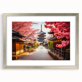 Textured art print of an abstract Kyoto scenery in muted earth tones on a framed silver mat, suitable for bedroom decor.