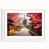 Abstract art print of a Kyoto scenery in muted green and brown tones, framed with a white mat.