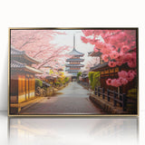 Large art print of a serene Kyoto scenery in muted gold and green tones on framed acrylic, suited for modern art wall decor.