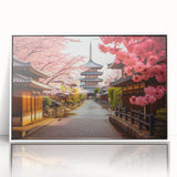 Art deco poster of a Kyoto landscape in muted colors on a white framed acrylic.