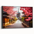 Black and white framed canvas of a vintage Kyoto landscape, ideal for bedroom wall art.