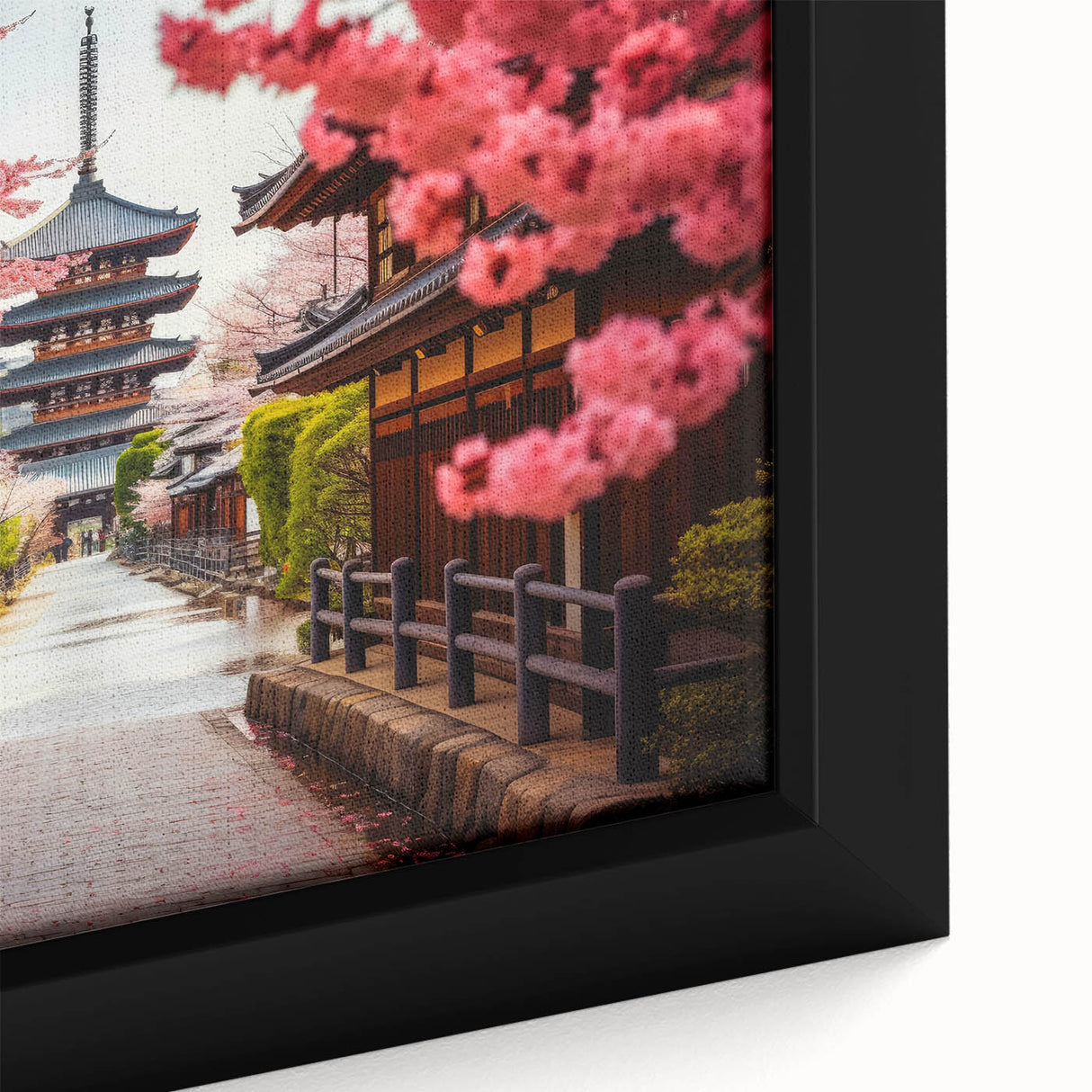 Framed canvas featuring a textured depiction of a Kyoto landscape in black with colorful accents.