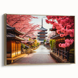 Framed canvas depicting a vintage-style landscape of Kyoto with black and gold tones, ideal for bedroom wall art.