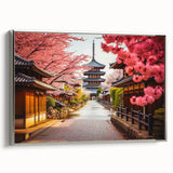 Landscape art painting of Kyoto with vivid colors on a framed canvas, ideal for enhancing living room decor.