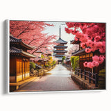 Vintage poster art of Kyoto scenery on framed canvas, featuring colorful art in muted shades, ideal for living room decor.