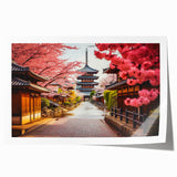 Extra large rolled print of Kyoto scenery with floral accents in soft pastel shades, ideal for art wall dining room.