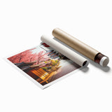 Extra large rolled print of a serene Kyoto scenery with soft floral elements in muted colors.