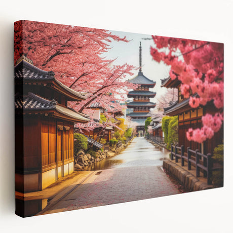 Kyoto scenic print on large stretched canvas featuring serene green and blue tones, ideal for kitchen wall art.