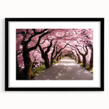 Extra large abstract art print of a colorful, textured Japanese scenery on a black framed canvas.