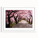 Abstract art print featuring a minimalist Japanese scenery in muted gray and blue tones, framed with a white mat.