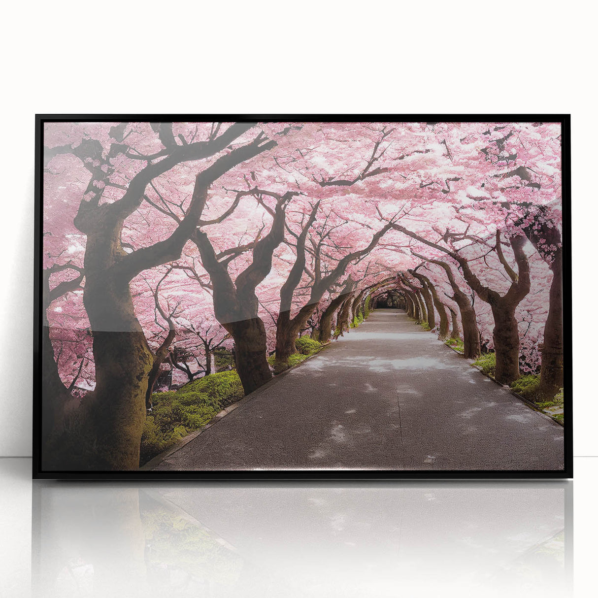 Large abstract wall art depicting a Japanese landscape in muted gray and blue, framed acrylic.