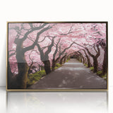 Large art print of a tranquil Japanese landscape in soft gold and green hues on framed acrylic.