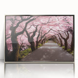 Mid-century modernist art depicting a serene Japanese landscape in soft pastel shades, framed in silver acrylic.