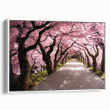 Vintage poster art of a Japanese scenery in vibrant colors on a framed canvas, ideal for living room decor.