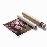 Extra large rolled print featuring a serene Japanese landscape with cherry blossoms in pastel hues.