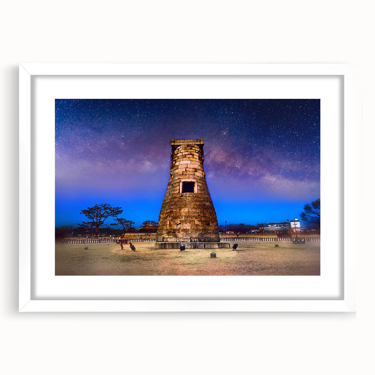 Abstract art print of a serene Korean landscape in muted earth tones on a framed white mat, suitable for dining room decor.