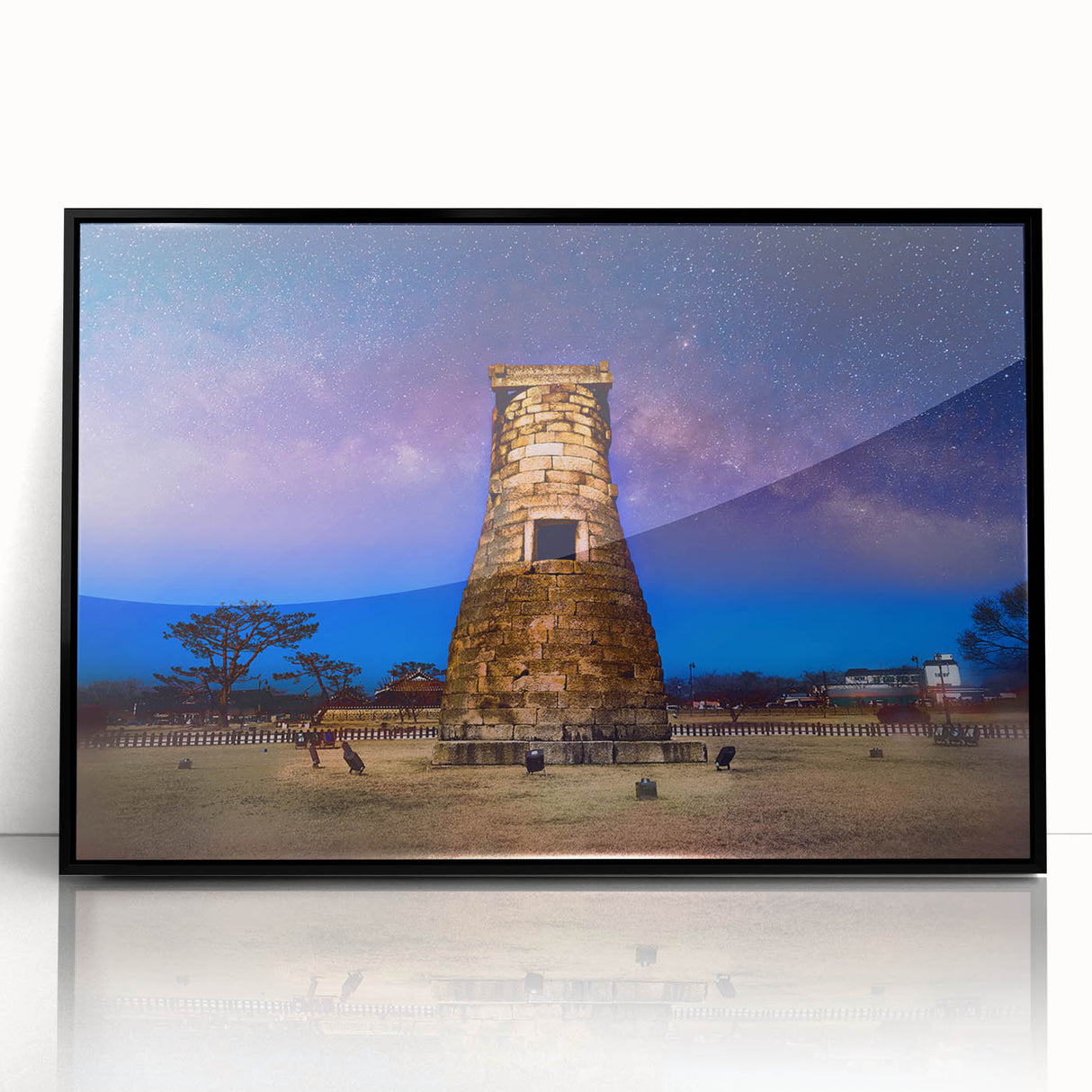 Large abstract wall art featuring a mid-century modernist Korean scenery in muted earth tones, framed in black acrylic.