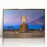 Large art print of a mid-century modernist Korean landscape in gold and green tones, framed acrylic.