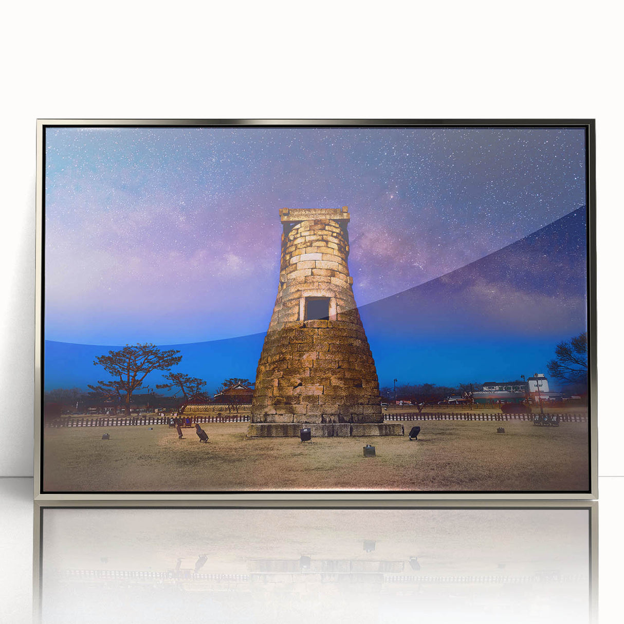 Mid-century modernist art depicting a serene Korean landscape in muted greens and blues on a framed acrylic print.