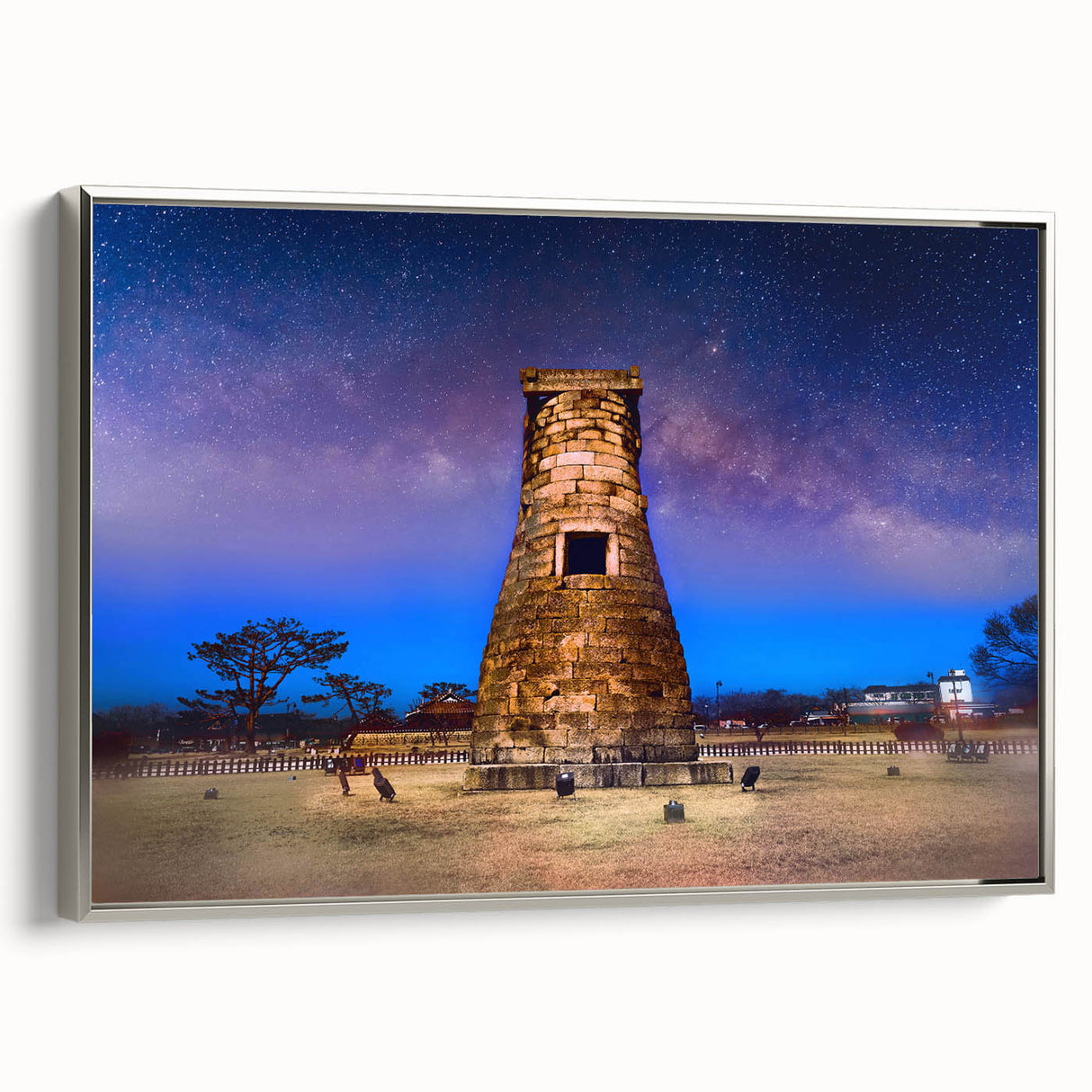 Landscape art painting of a Korean scenery on a framed canvas, featuring vibrant colors against a black background.