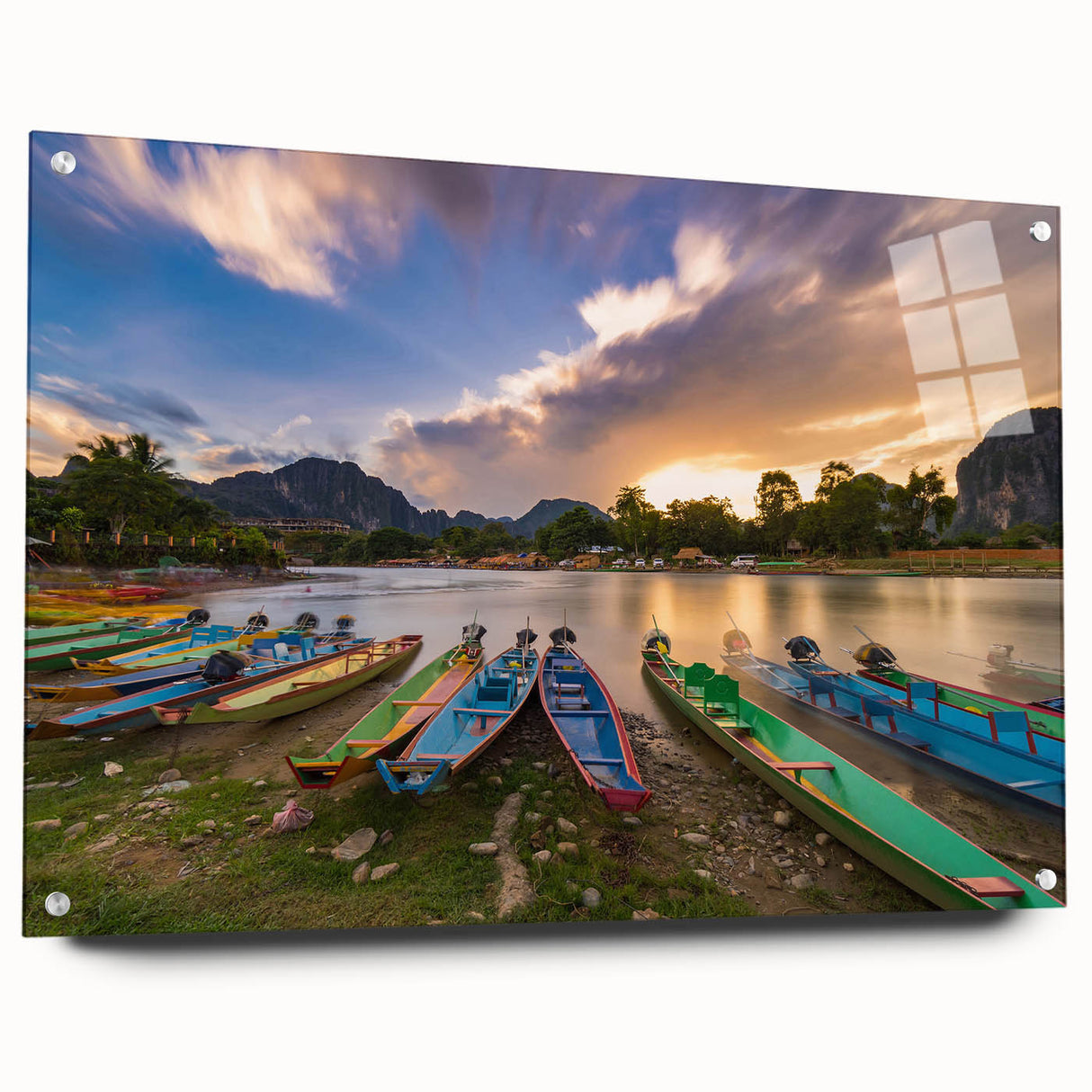 Acrylic print of a Laos landscape with lush greenery and river, in soft earth tones, ideal for dining room decor.