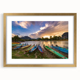 Extra large abstract art print of a Laos scenery in gold frame, featuring textured brush strokes.