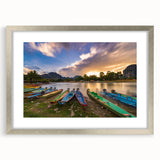 Textured abstract art print of a Laos scenery in muted earth tones on a framed silver mat, ideal for bedroom art.